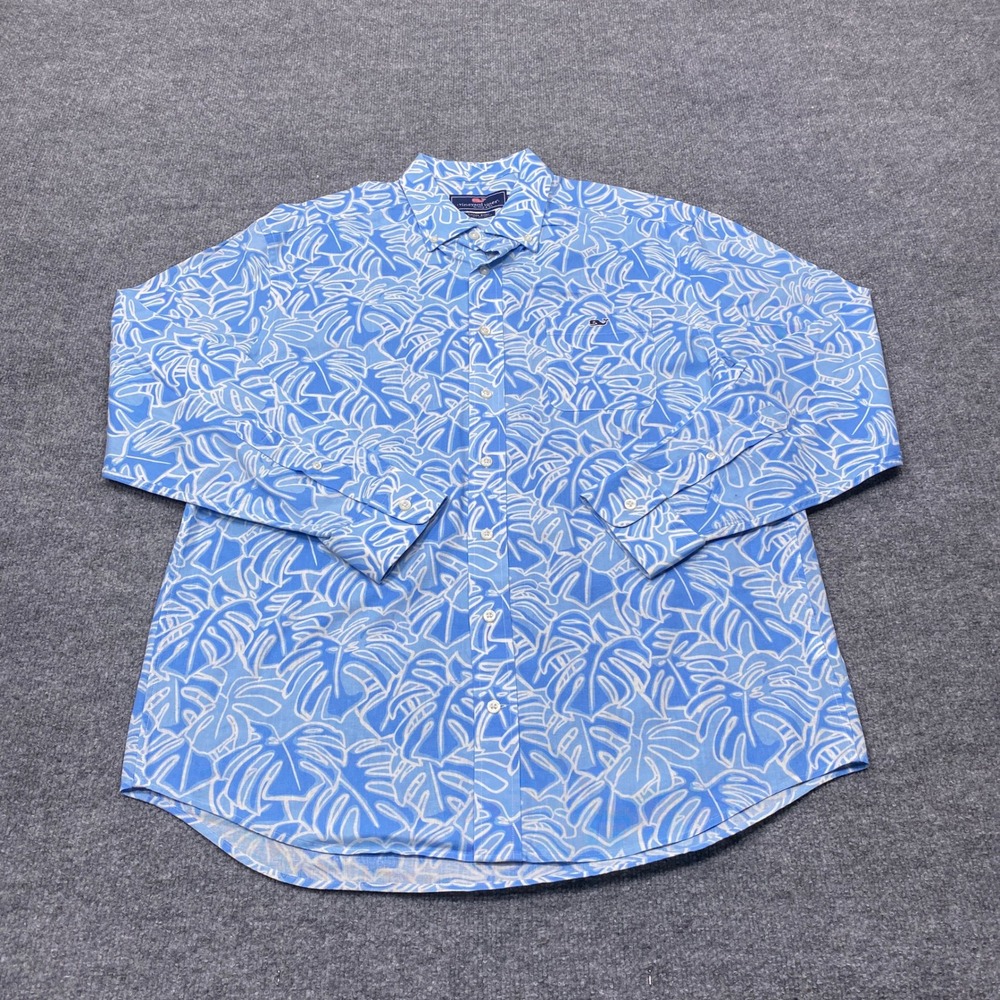 Vineyard Vines Shirt Mens Large Blue Monstera Leaf Linen Tucker Long Sleeve